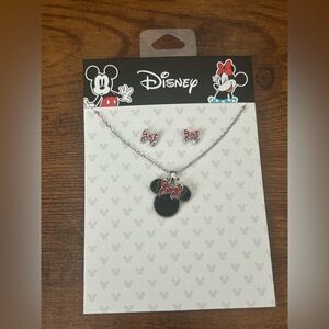 Disney Black Minnie Mouse Necklace and Red Bow Stud Earrings Set